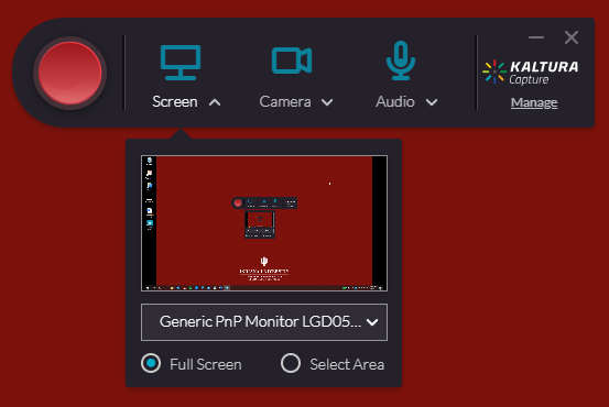Screenshot of the Kaltura Capture interface, displaying options for recording your screen, camera, and audio. A preview of the user's screen is displayed underneath the Screen option.
