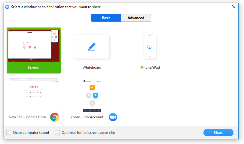 the Zoom Share dialog